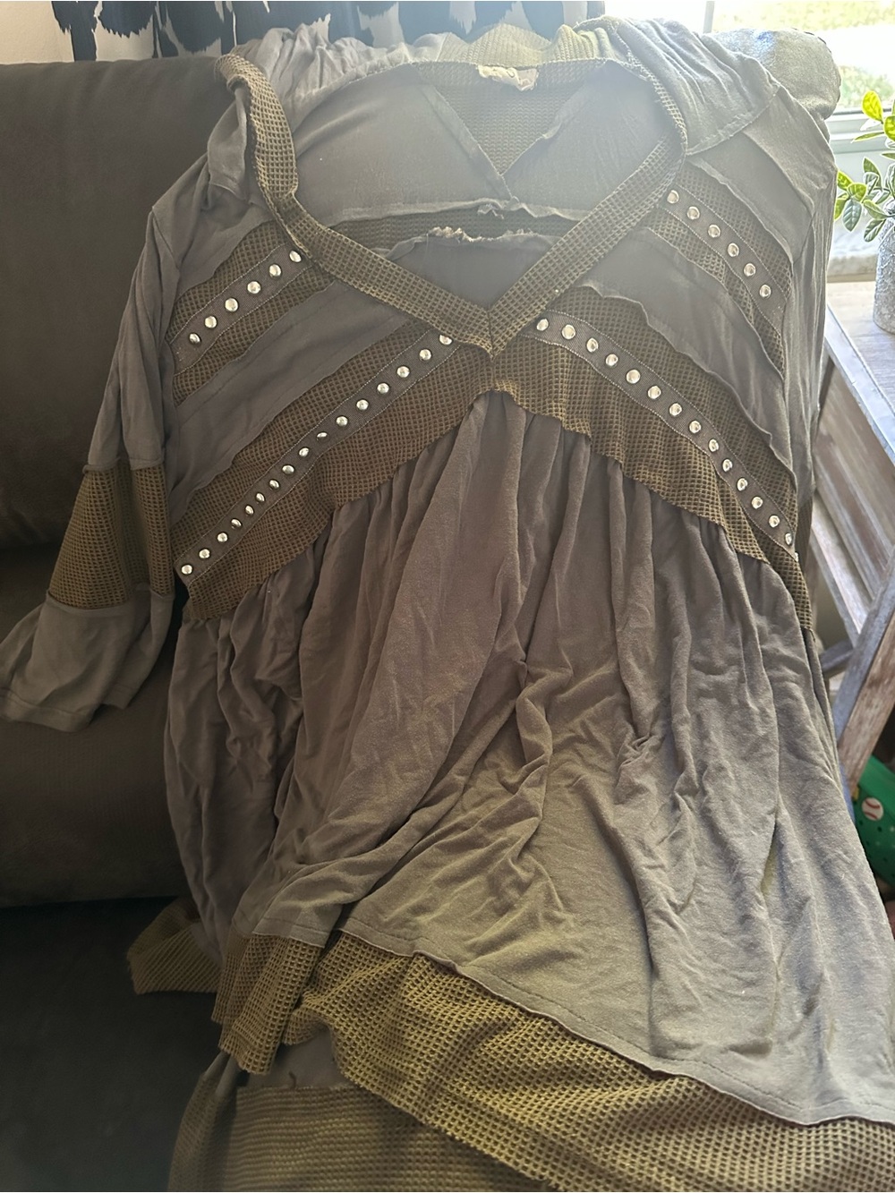 POL Olive Green Layered V-Neck Tunic with Stud Accents